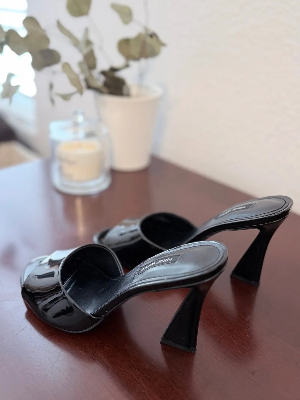 Nine West Kool3 Black Patent Peep-Toe Slip-On Heeled Sandals Size 7 NIB
